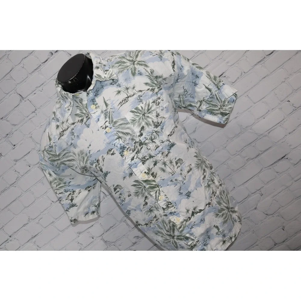 J Crew Button Down Shirt Mens XL Blue Palm Tree Island Print Hawaiian Cotton